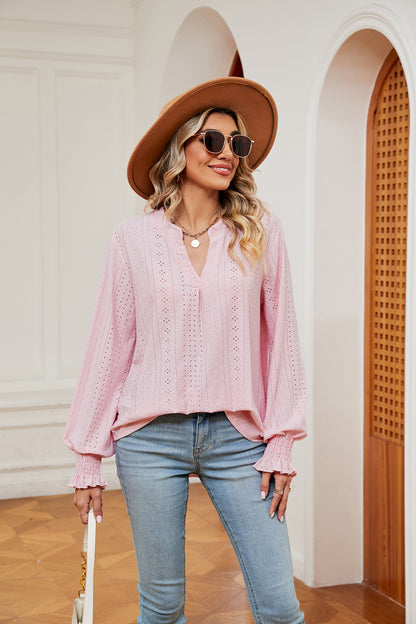 Notched Neck Flounce Sleeve Blouse Blush Pink Fitggins