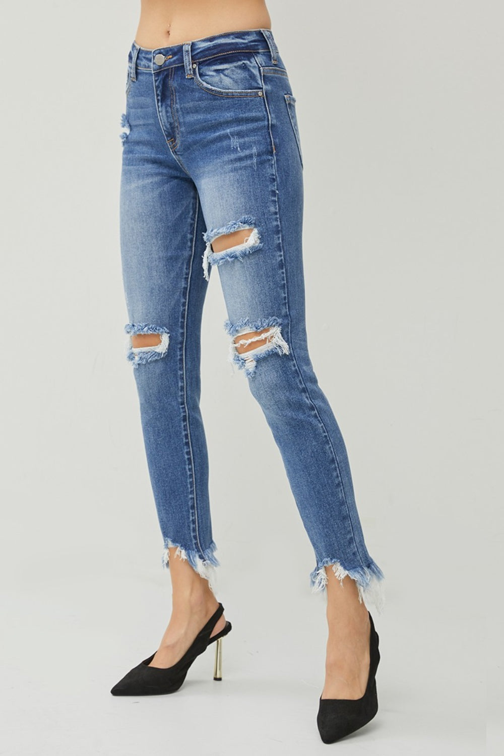 RISEN Distressed Frayed Hem Slim Jeans - Jeans - FITGGINS