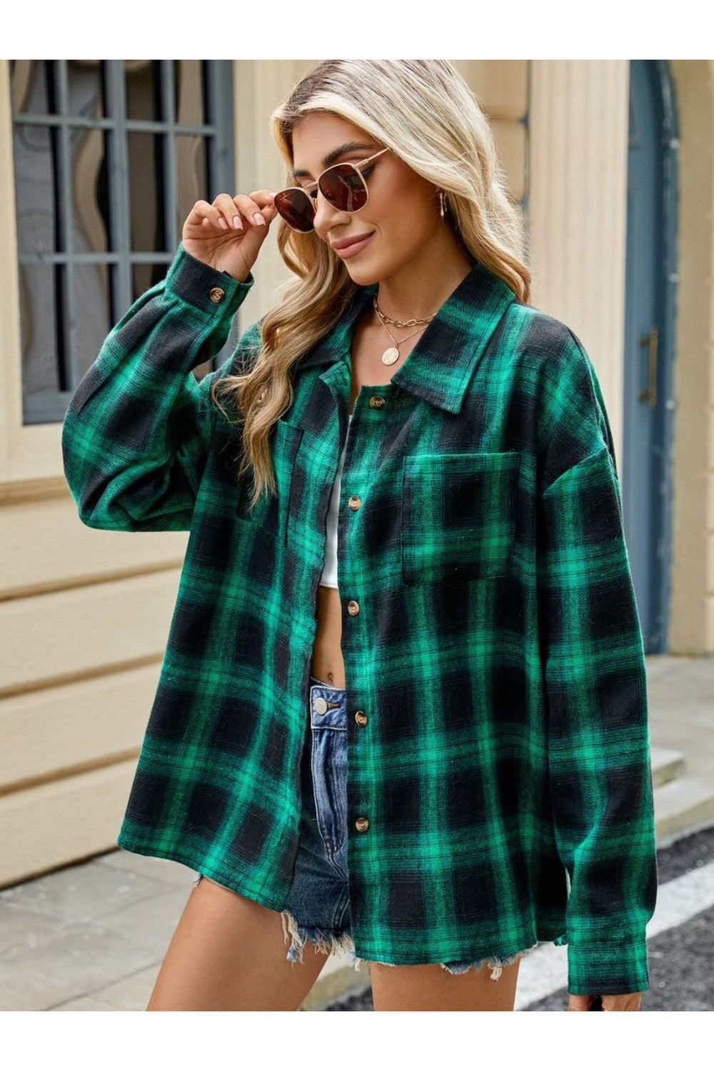 Plaid Collared Neck Long Sleeve Shirt - Shirts - FITGGINS