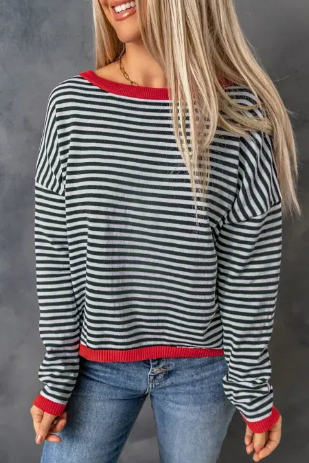 Striped Round Neck Drop Shoulder T-Shirt Fitggins