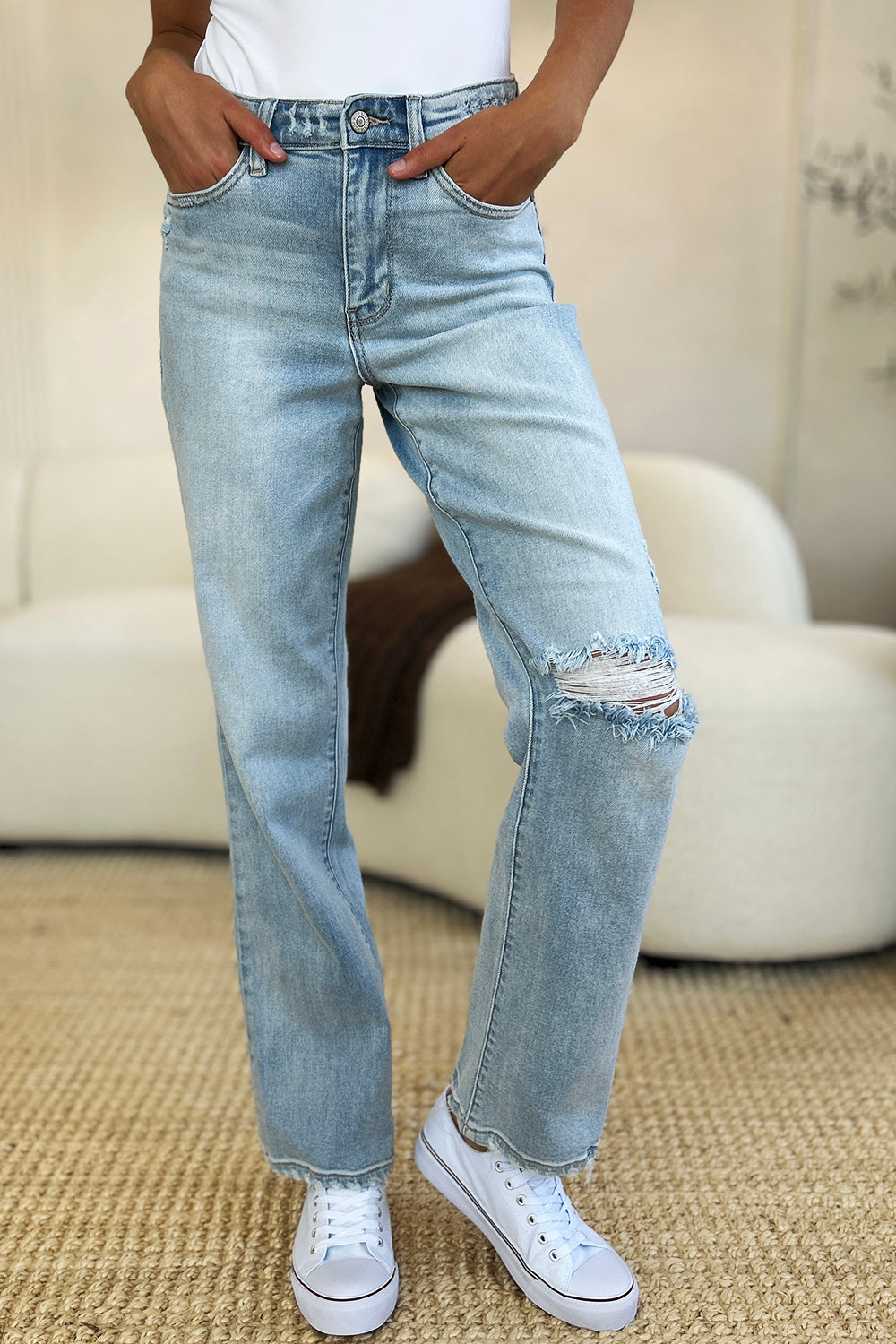 Judy Blue Full Size High Waist Distressed Straight Jeans - Jeans - FITGGINS