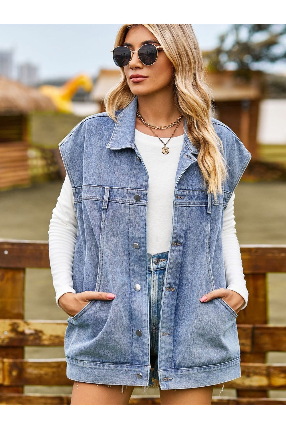 Button Up Collared Neck Sleeveless Denim Jacket - Denim Jackets - FITGGINS