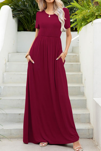 Round Neck Maxi Tee Dress with Pockets Wine Fitggins