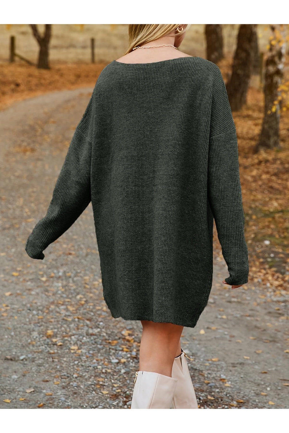 V-Neck Dropped Shoulder Sweater Dress - Sweater Dresses - FITGGINS