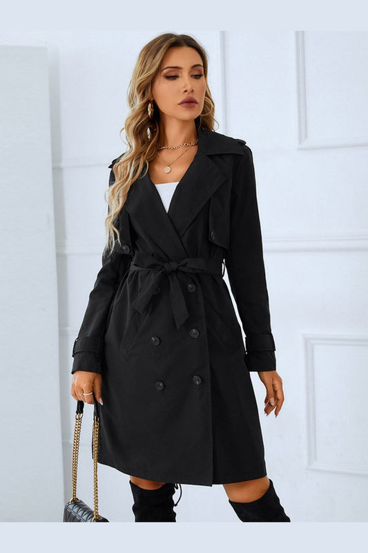 Lapel Collar Tie Belt Double-Breasted Trench Coat - Jackets - FITGGINS