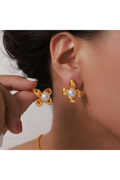 Synthetic Pearl Titanium Steel Flower Earrings - Earrings - FITGGINS