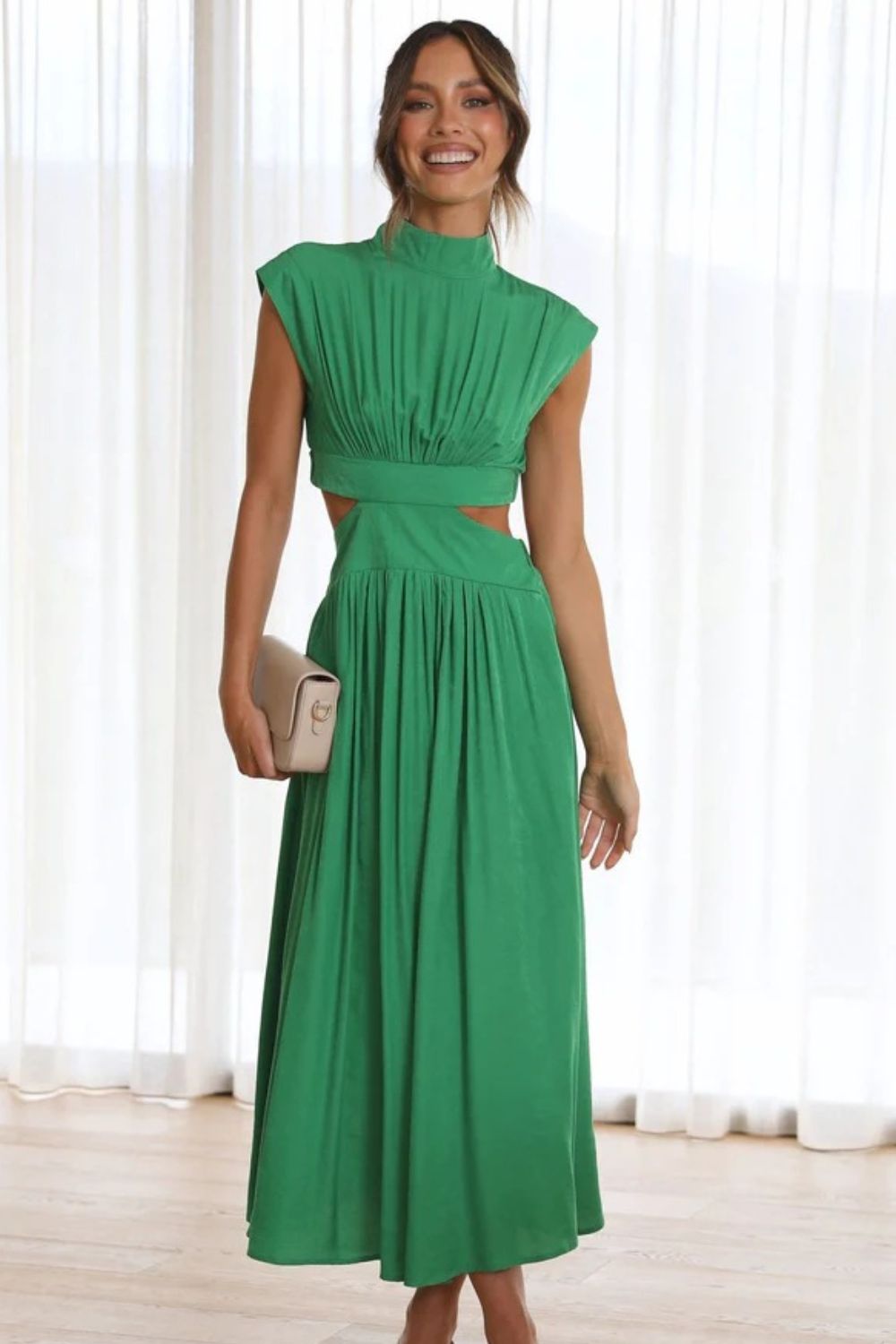 Cutout Mock Neck Sleeveless Ruched Dress - Cocktail Dresses - FITGGINS