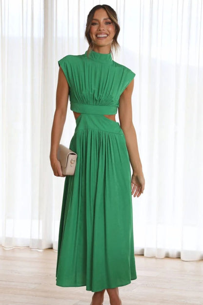 Cutout Mock Neck Sleeveless Ruched Dress - Cocktail Dresses - FITGGINS