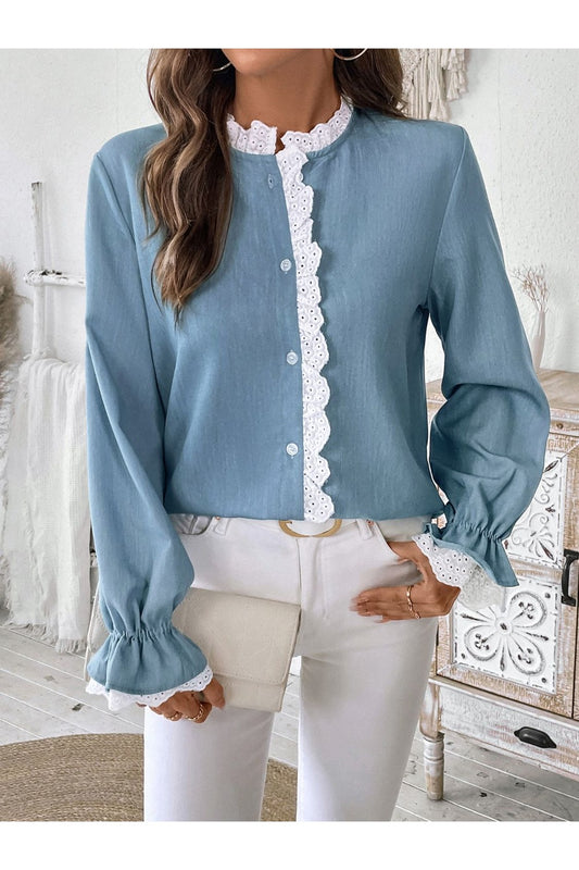 Perfee Lace Detail Button Down Long Sleeve Shirt - Shirts - FITGGINS