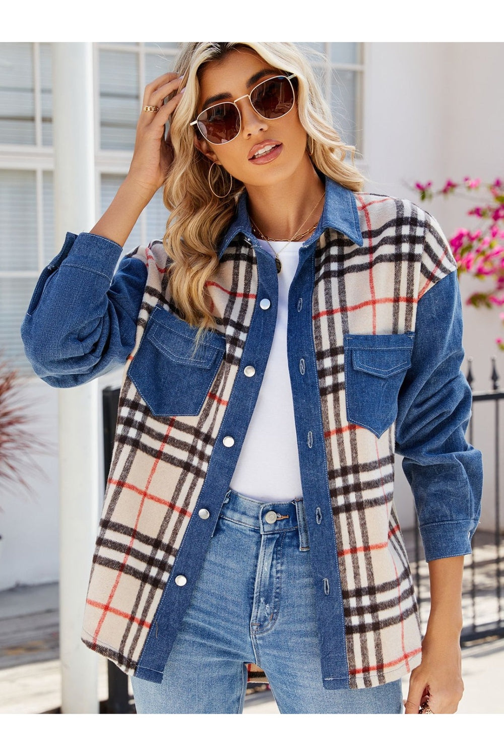 Plaid Long Sleeve Denim Jacket - Denim Jackets - FITGGINS