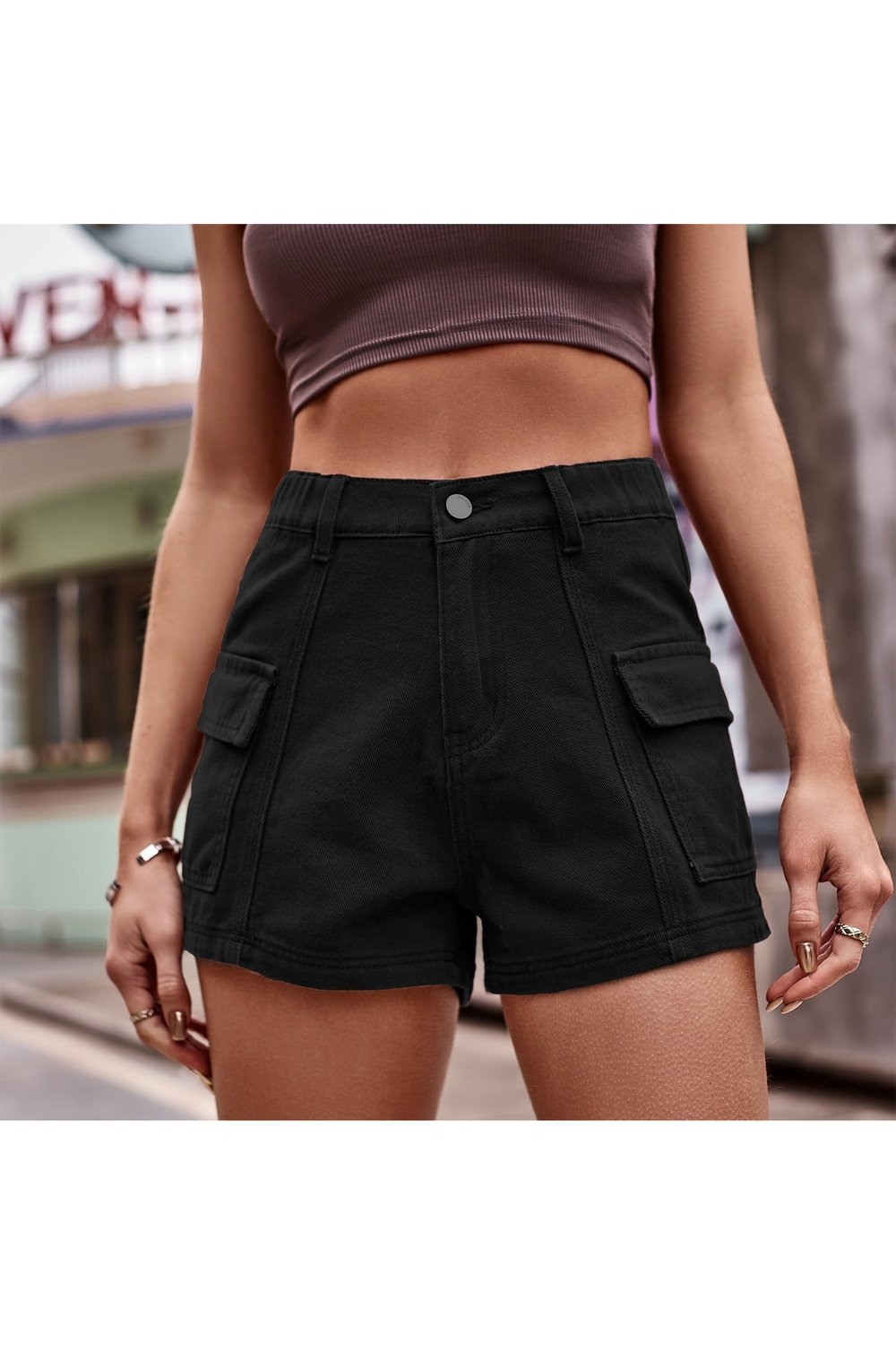 High-Waist Denim Shorts with Pockets - Denim Shorts - FITGGINS