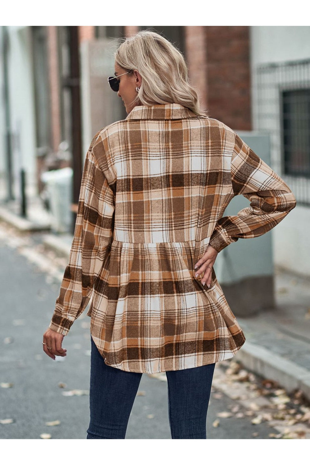 Plaid Button Up Dropped Shoulder Shirt - Shirts - FITGGINS