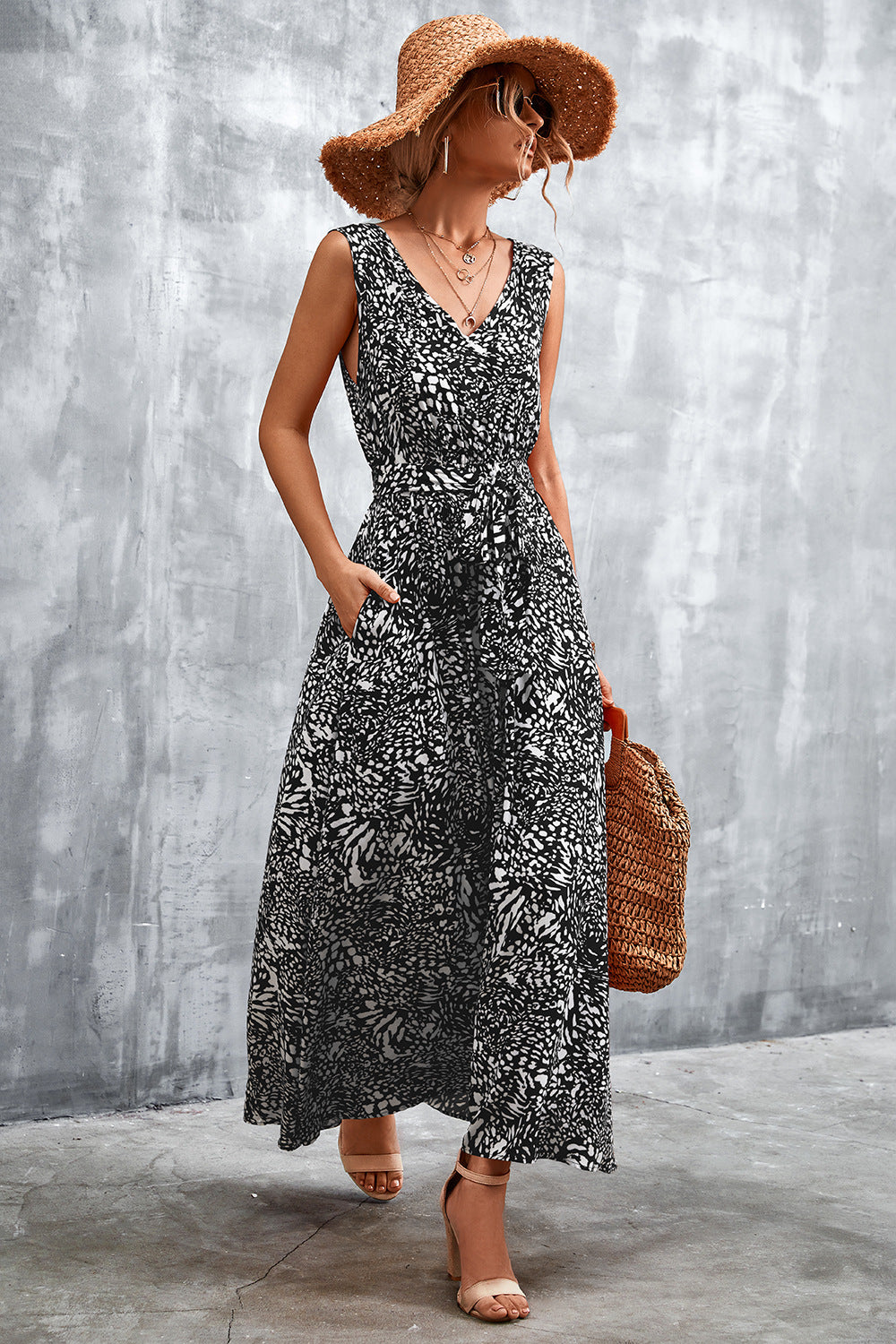 Printed V-Neck Tie Waist Maxi Dress - Casual & Maxi Dresses - FITGGINS