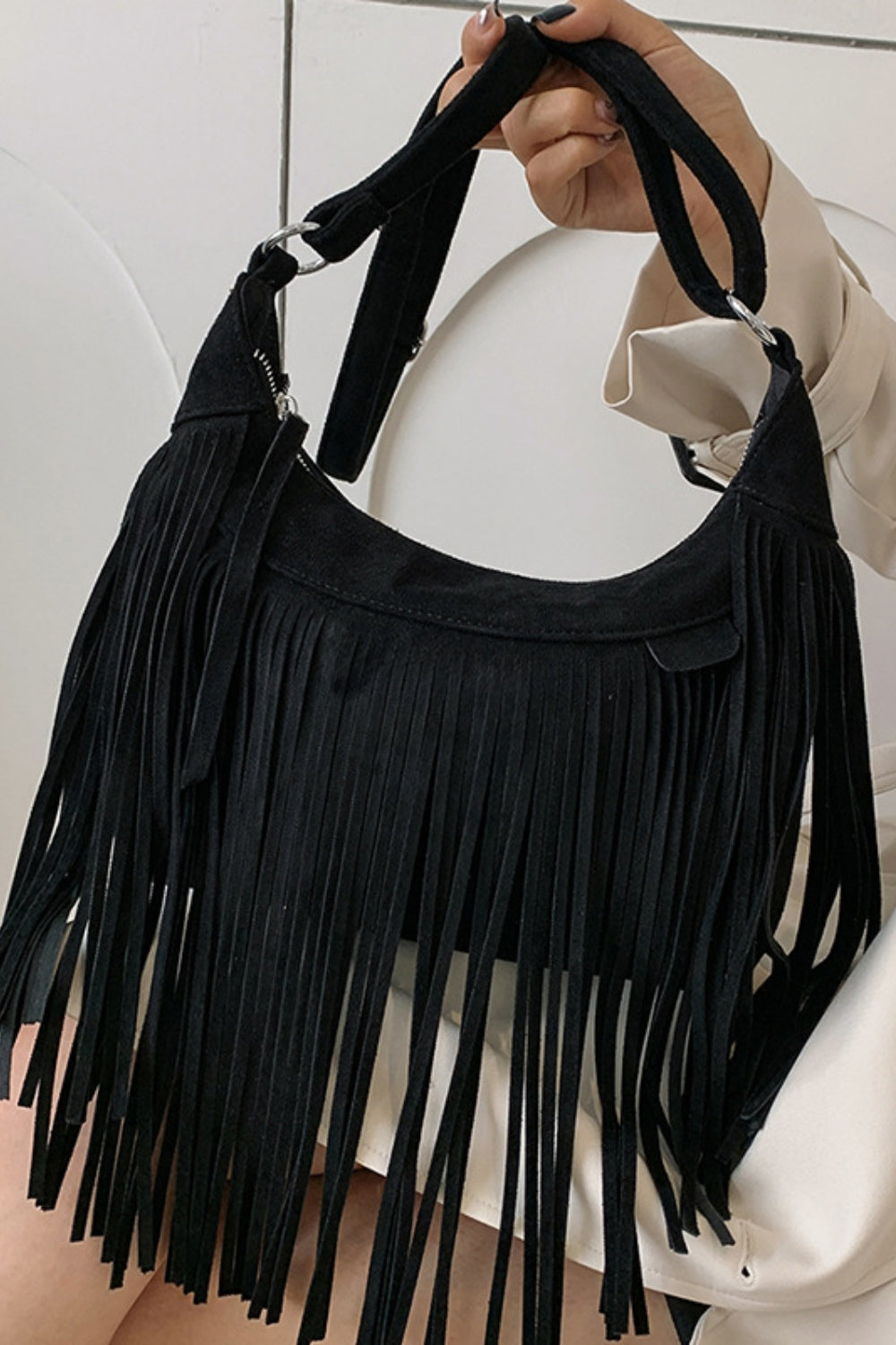 Suede Fringe Adjustable Strap Shoulder Bag - Handbag - FITGGINS