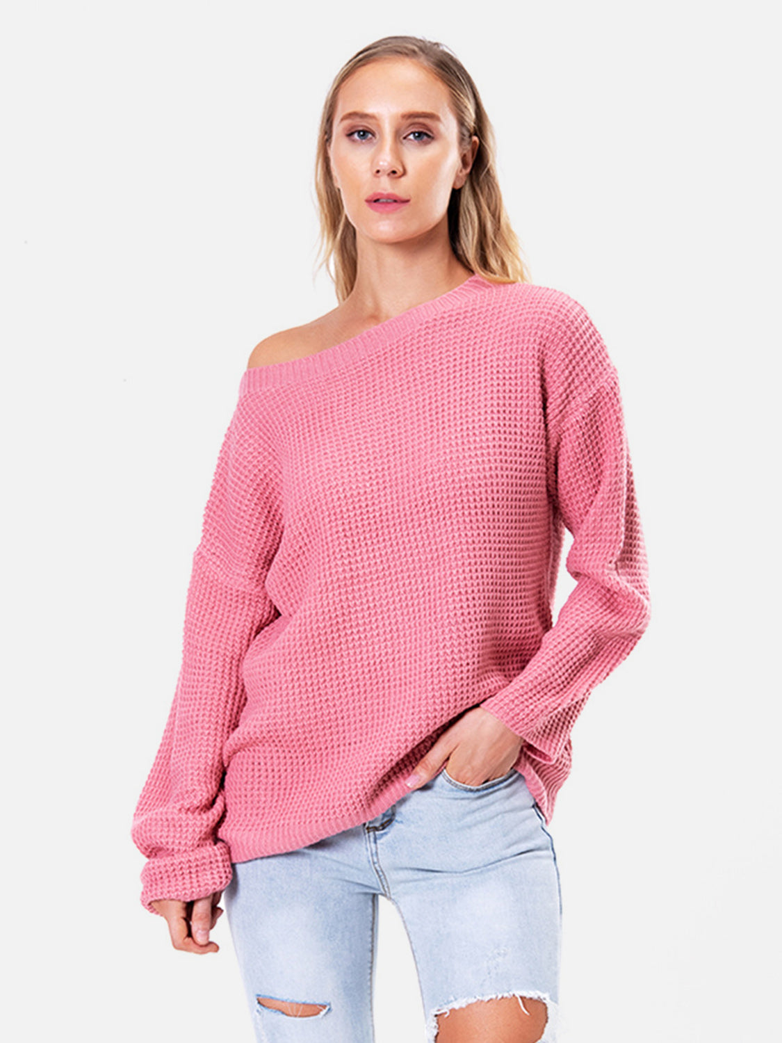 Boat Neck Drop Shoulder Long Sleeve Sweater Hot Pink Fitggins