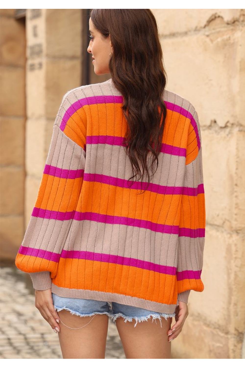 Contrast Striped Drop Shoulder Open Front Cardigan - Cardigans - FITGGINS