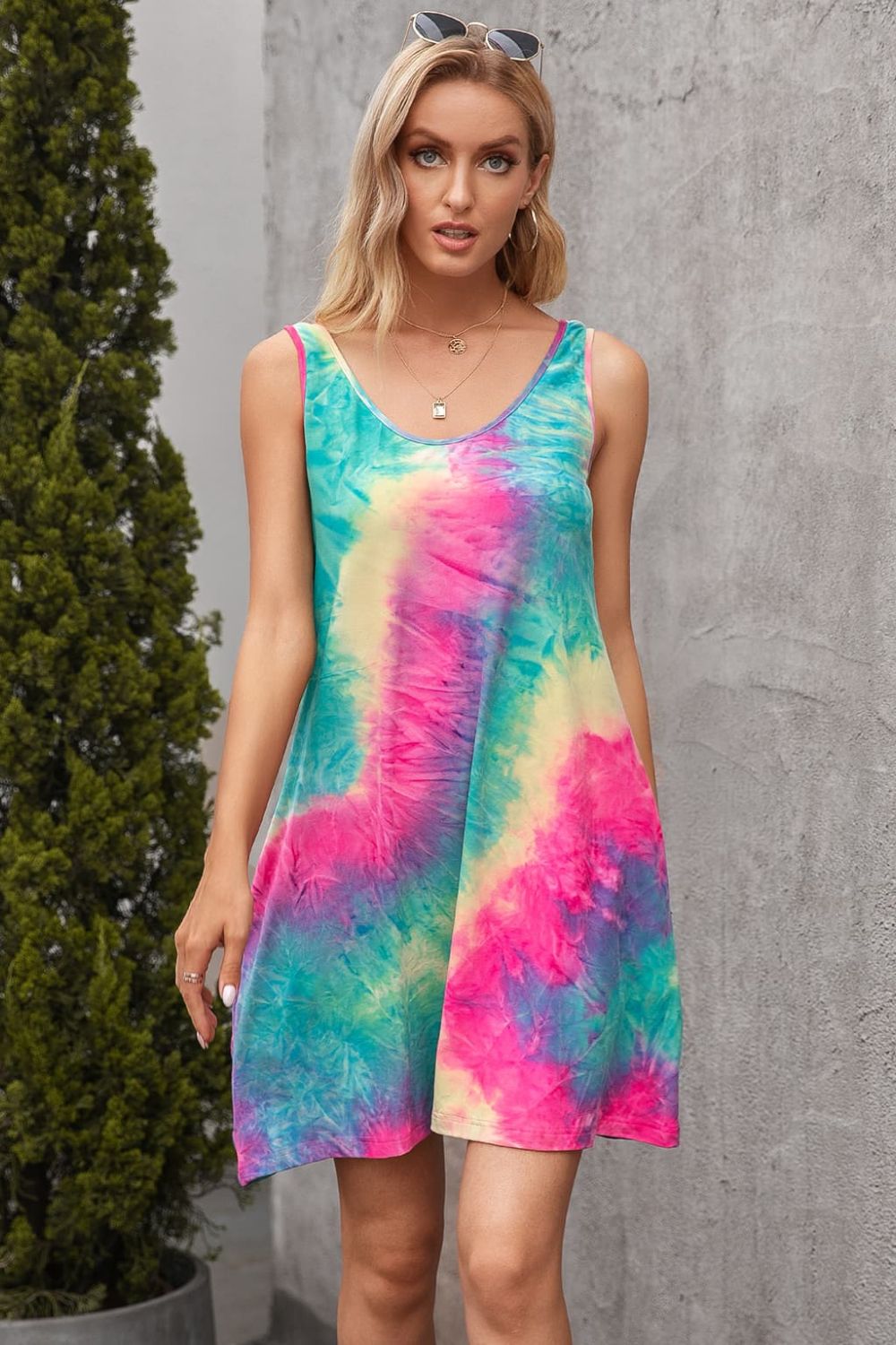 Ivy Lane Tie-Dye Sleeveless Dress with Pockets Pink Green Fitggins