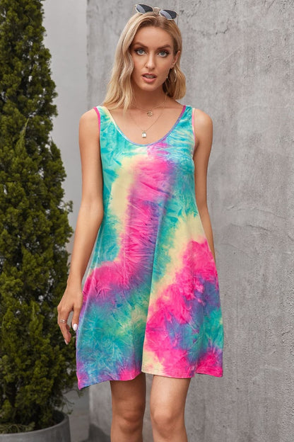 Ivy Lane Tie-Dye Sleeveless Dress with Pockets Pink Green Fitggins