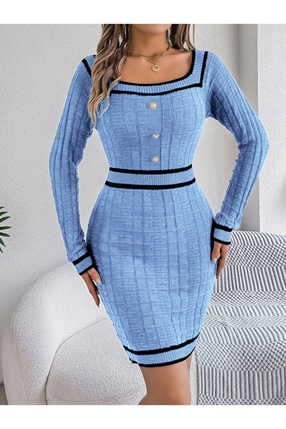 Contrast Trim Long Sleeve Sweater Dress - Sweater Dresses - FITGGINS