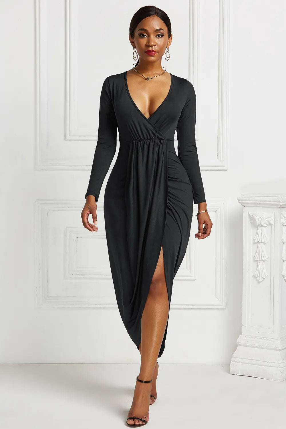 High-low Ruched Surplice Long Sleeve Dress Black Fitggins