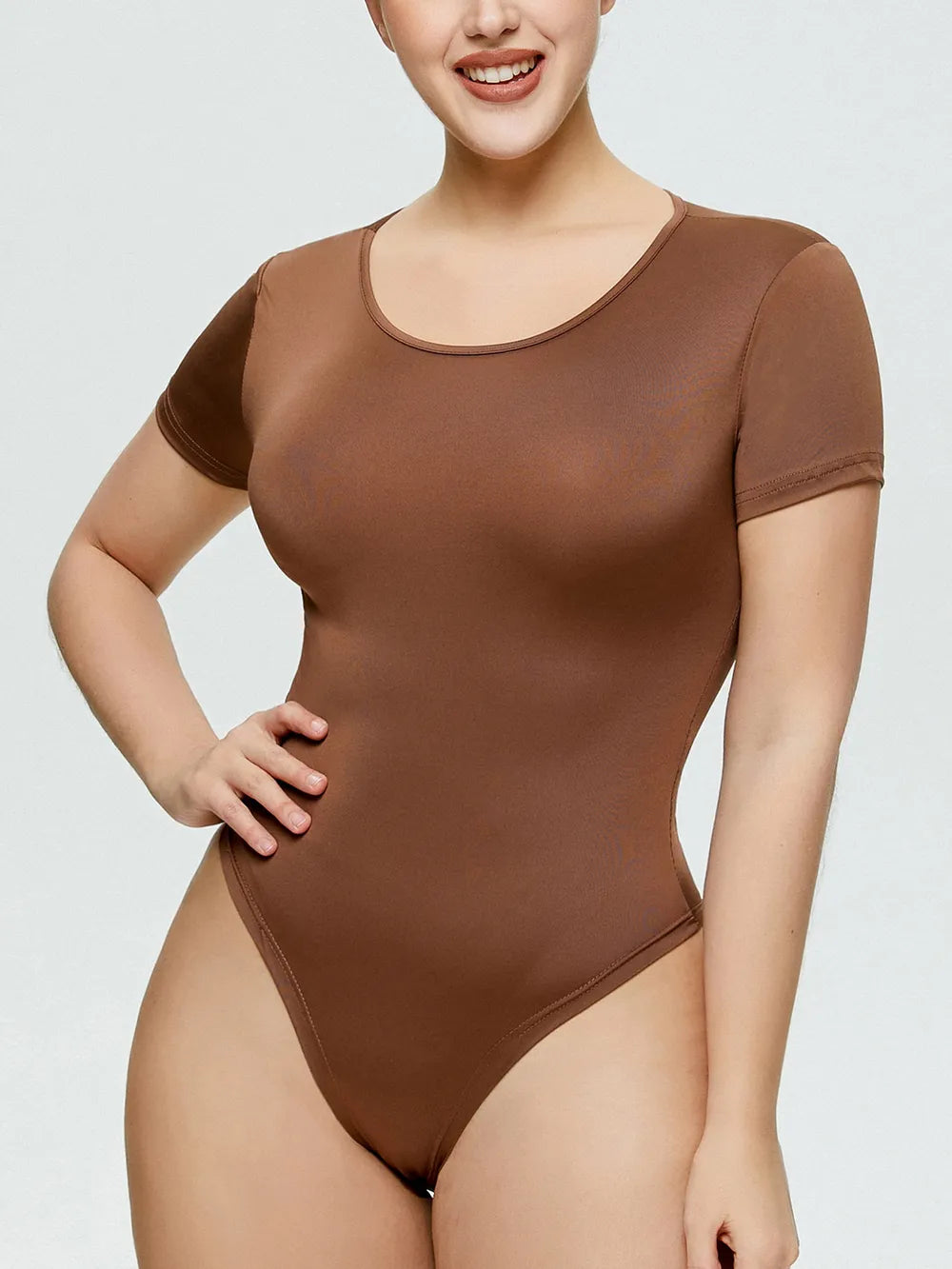 Full Size Round Neck Short Sleeve Bodysuit Coffee Brown Fitggins