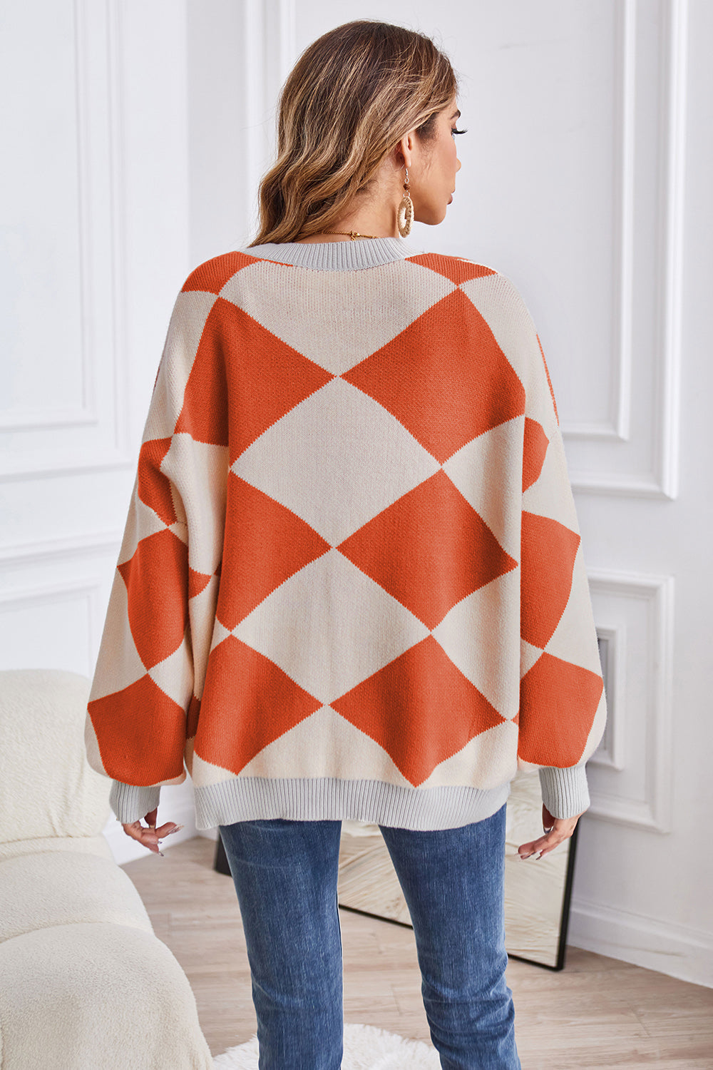 Geometric Lantern Sleeve Cardigan with Pockets Fitggins