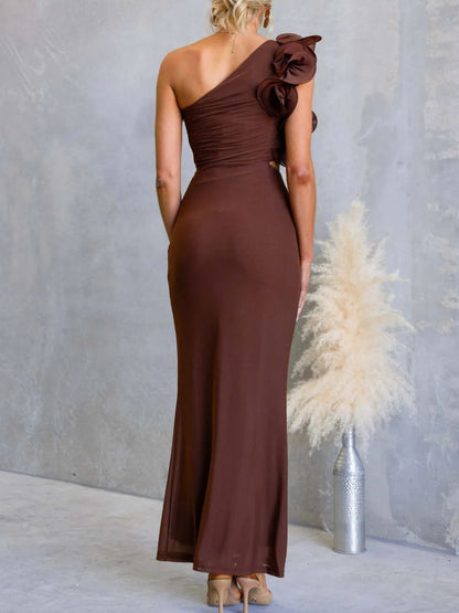 One-Shoulder Floral Trim Sleeveless Maxi Dress Fitggins