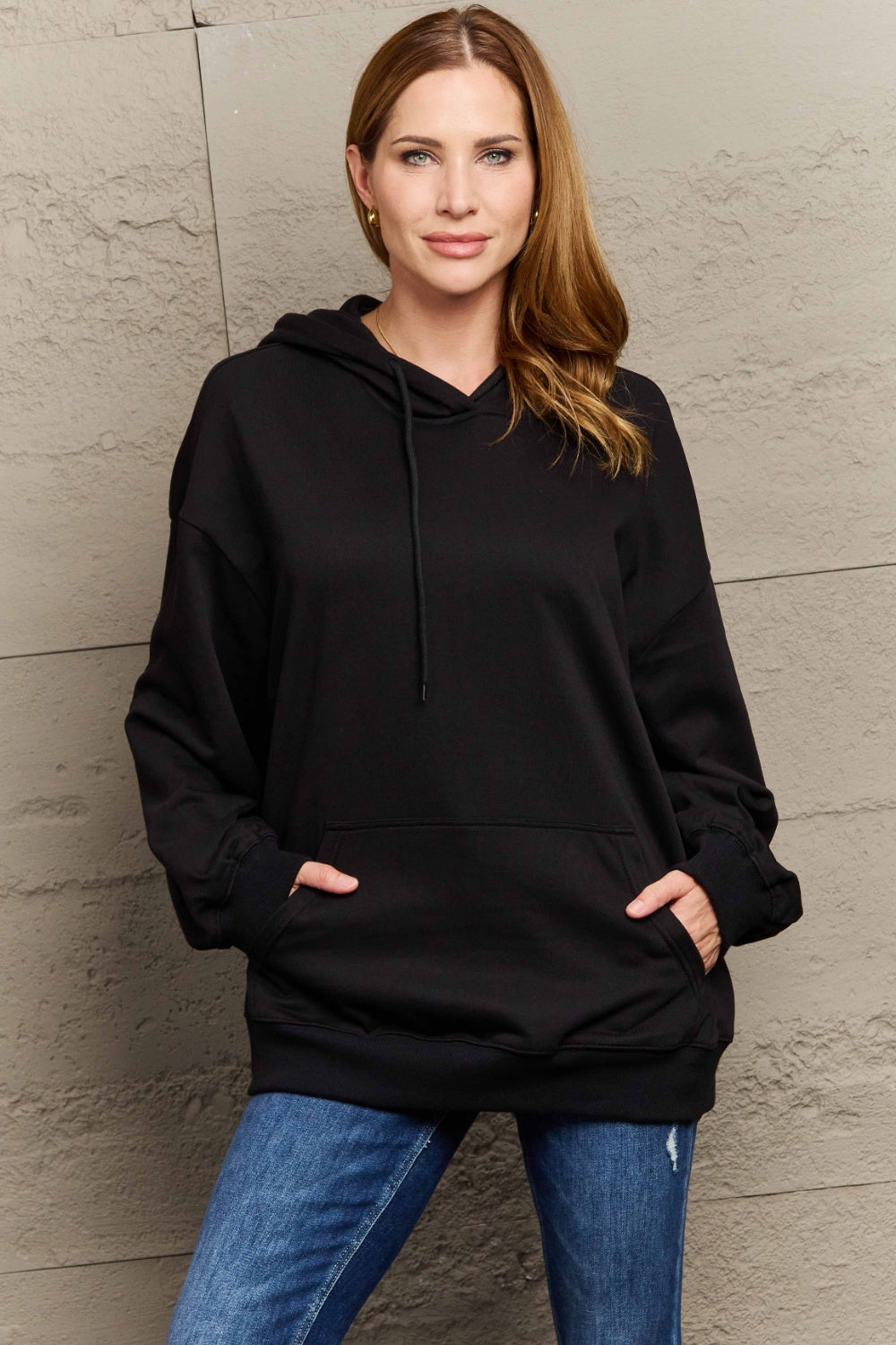 Full Size Long Sleeve Dropped Shoulder Hoodie - Sweatshirts & Hoodies - FITGGINS