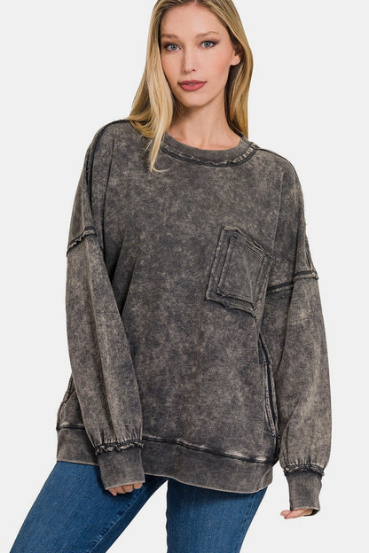 Zenana Exposed Seam Round Neck Dropped Shoulder Sweatshirt - Sweatshirts & Hoodies - FITGGINS