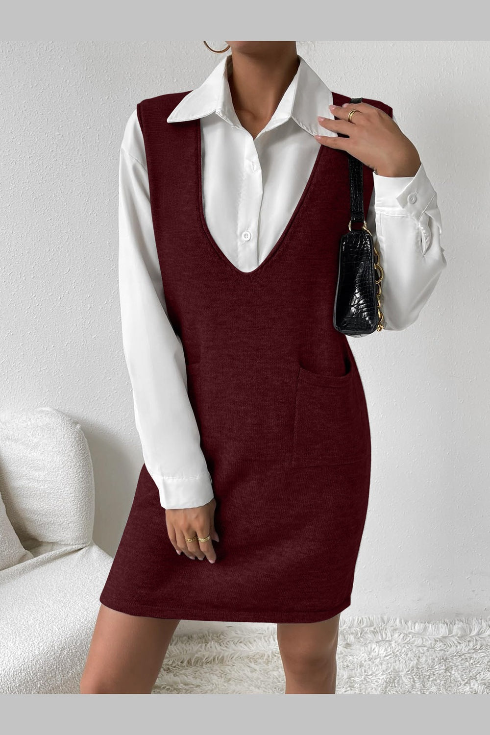 V-Neck Sleeveless Sweater Dress with Pockets - Sweater Dresses - FITGGINS