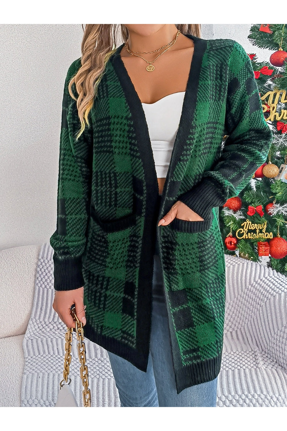 Plaid Open Front Long Sleeve Cardigan - Cardigans - FITGGINS