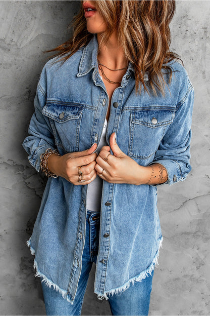 Button Up Pocketed Raw Hem Denim Jacket - Denim Jackets - FITGGINS