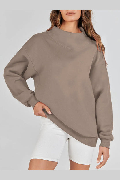 Mock Neck Drop Shoulder Long Sleeve Sweatshirt - Sweatshirts & Hoodies - FITGGINS