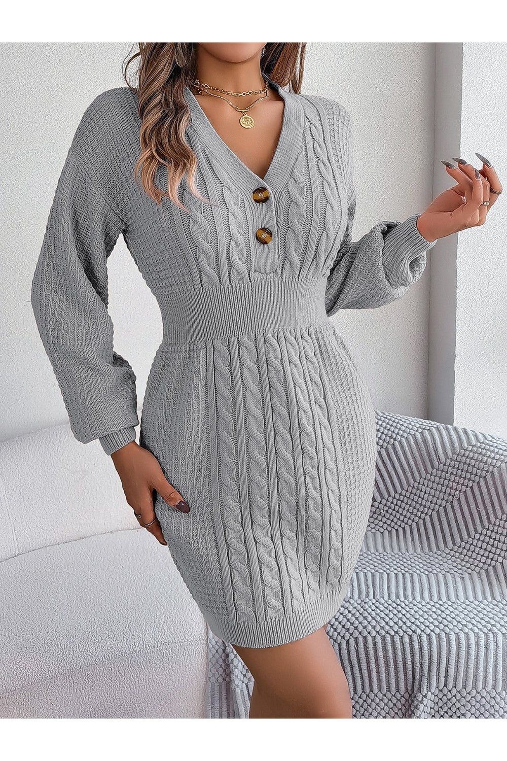 Buttoned Cable-Knit V-Neck Sweater Dress - Sweater Dresses - FITGGINS