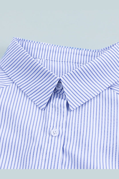 Striped Collared Neck Lantern Sleeve Shirt - Shirts - FITGGINS