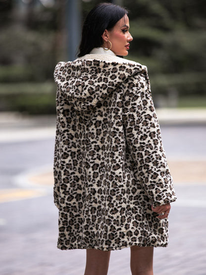 Shiny Leopard Hooded Coat with Pockets Fitggins