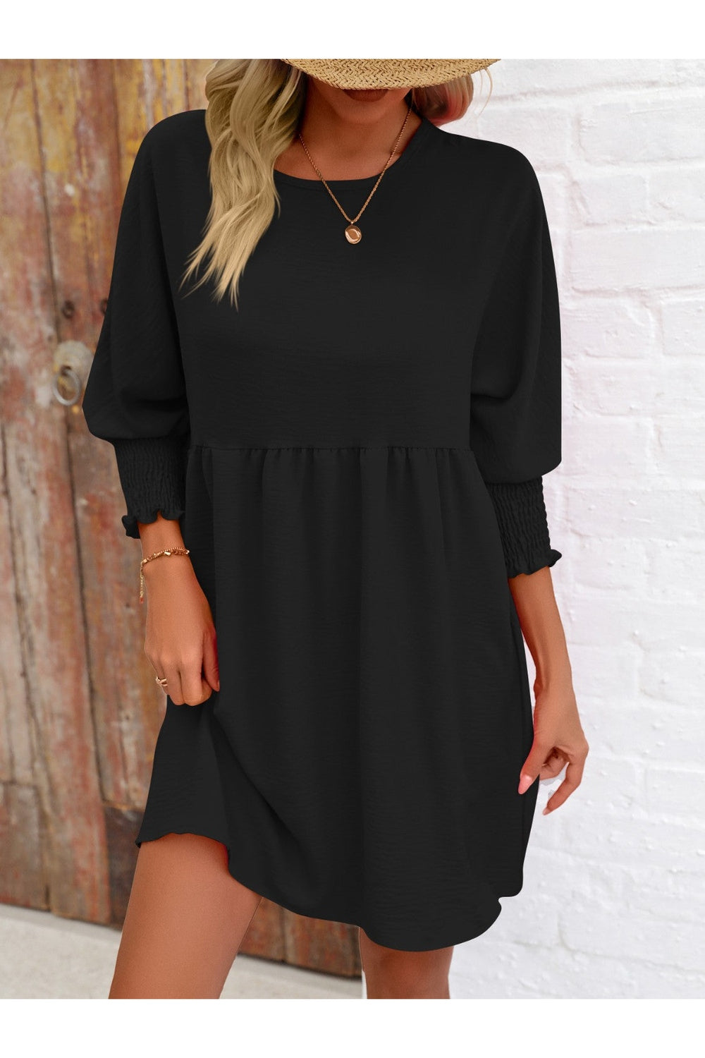 Round Neck Lantern Sleeve Mini Dress - Casual & Maxi Dresses - FITGGINS