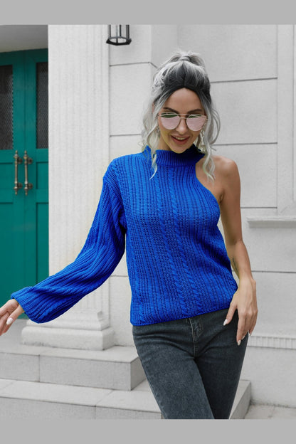 Cable-Knit Round Neck Asymmetrical Sweater - Pullover Sweaters - FITGGINS