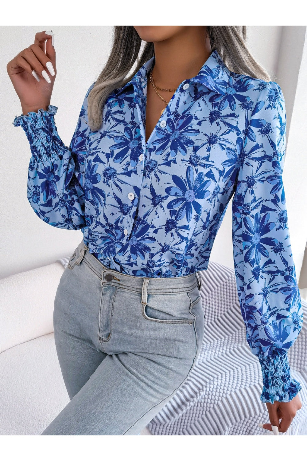 Floral Collared Neck Long Sleeve Shirt - Shirts - FITGGINS