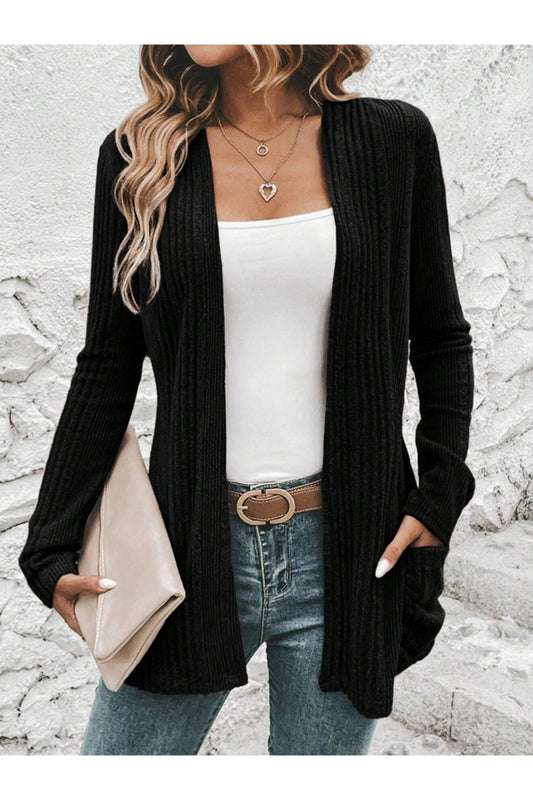 Pocketed Open Front Long Sleeve Cardigan - Cardigans - FITGGINS