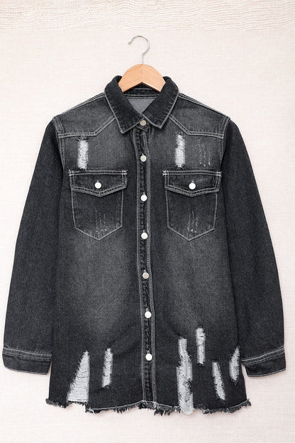 Distressed Button Up Raw Hem Denim Jacket - Denim Jackets - FITGGINS