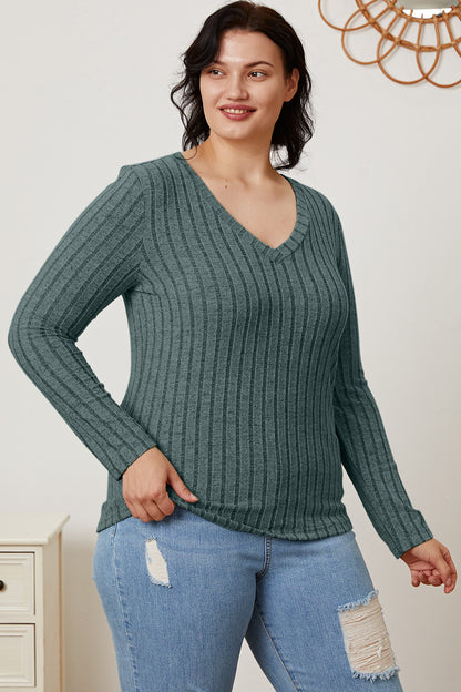 Basic Bae Full Size Ribbed V-Neck Long Sleeve T-Shirt - T-Shirts - FITGGINS