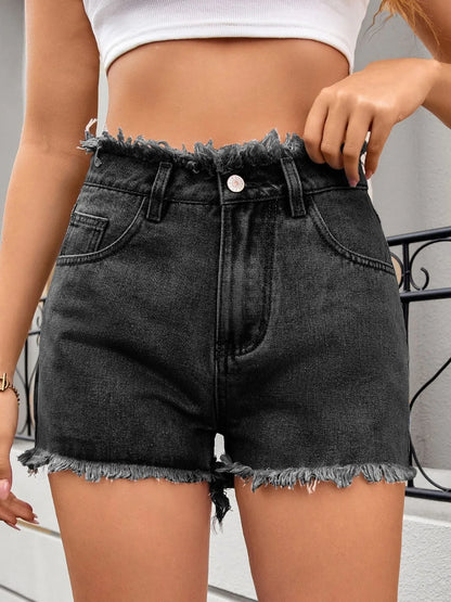 Washed Raw Hem Denim Shorts Dark Fitggins