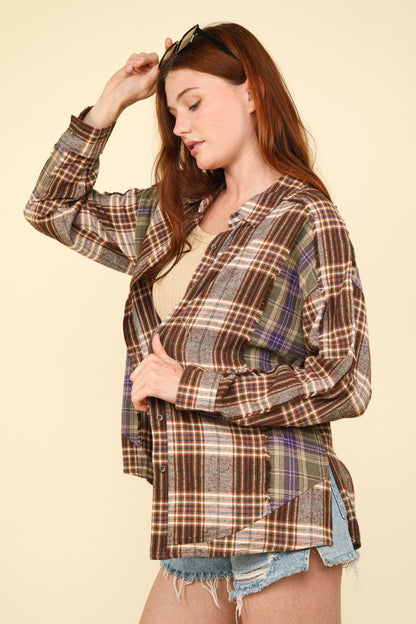 VERY J Contrast Plaid Raw Detail Shirt - Shirts - FITGGINS