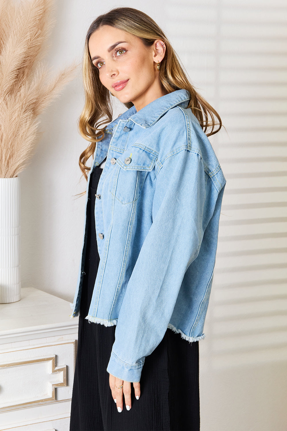 Double Take Dropped Shoulder Raw Hem Denim Jacket - Denim Jackets - FITGGINS