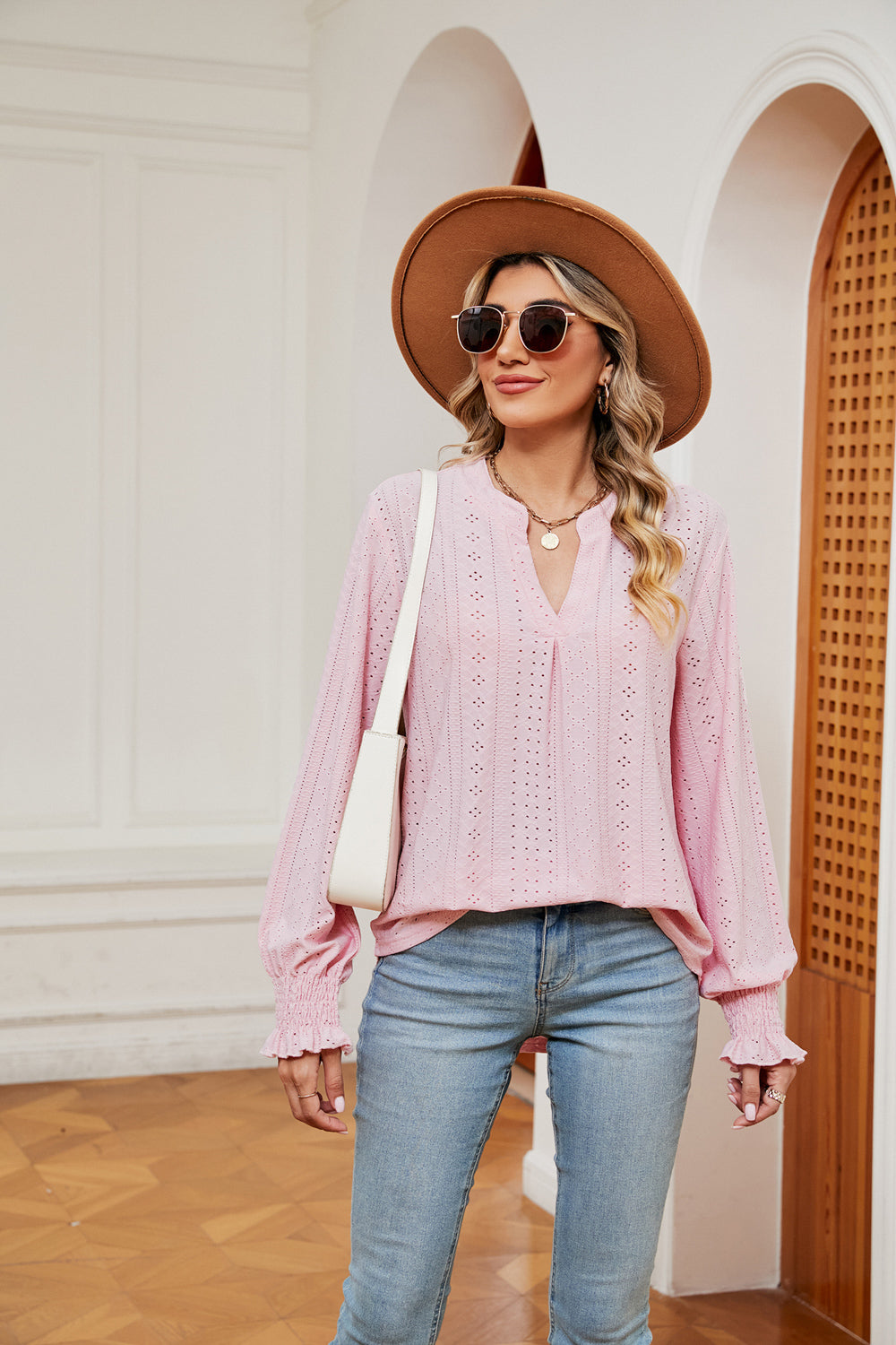 Notched Neck Flounce Sleeve Blouse Fitggins