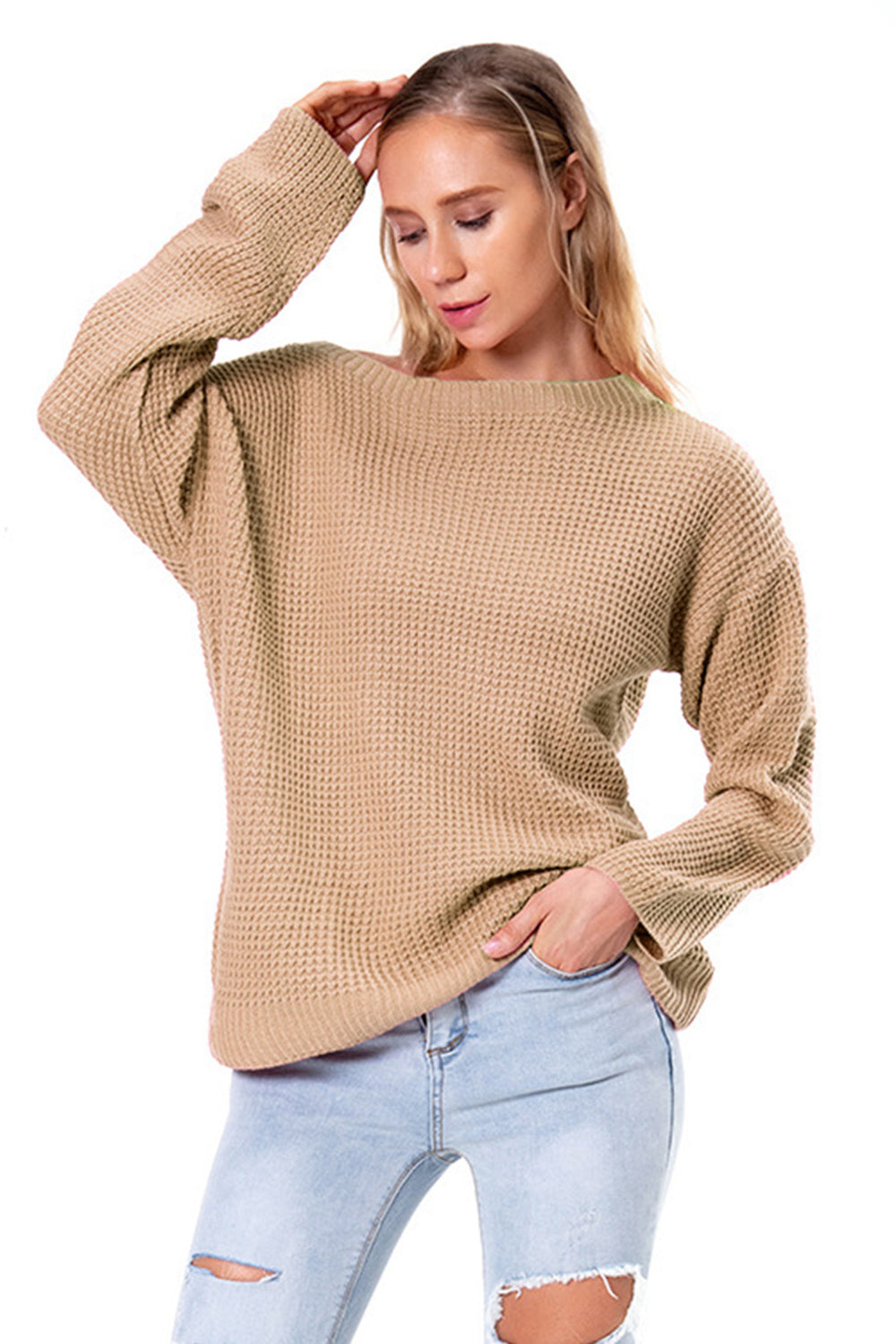 Boat Neck Drop Shoulder Long Sleeve Sweater Fitggins