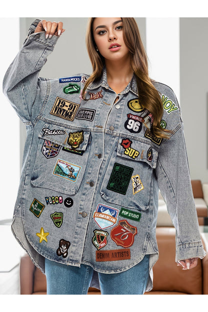 Embroidered Patch Button Up Long Sleeve Denim Jacket - Denim Jackets - FITGGINS