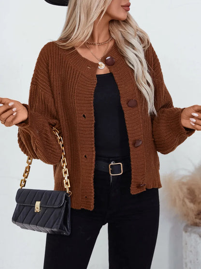Button Down Long Sleeve Cardigan Brown Fitggins