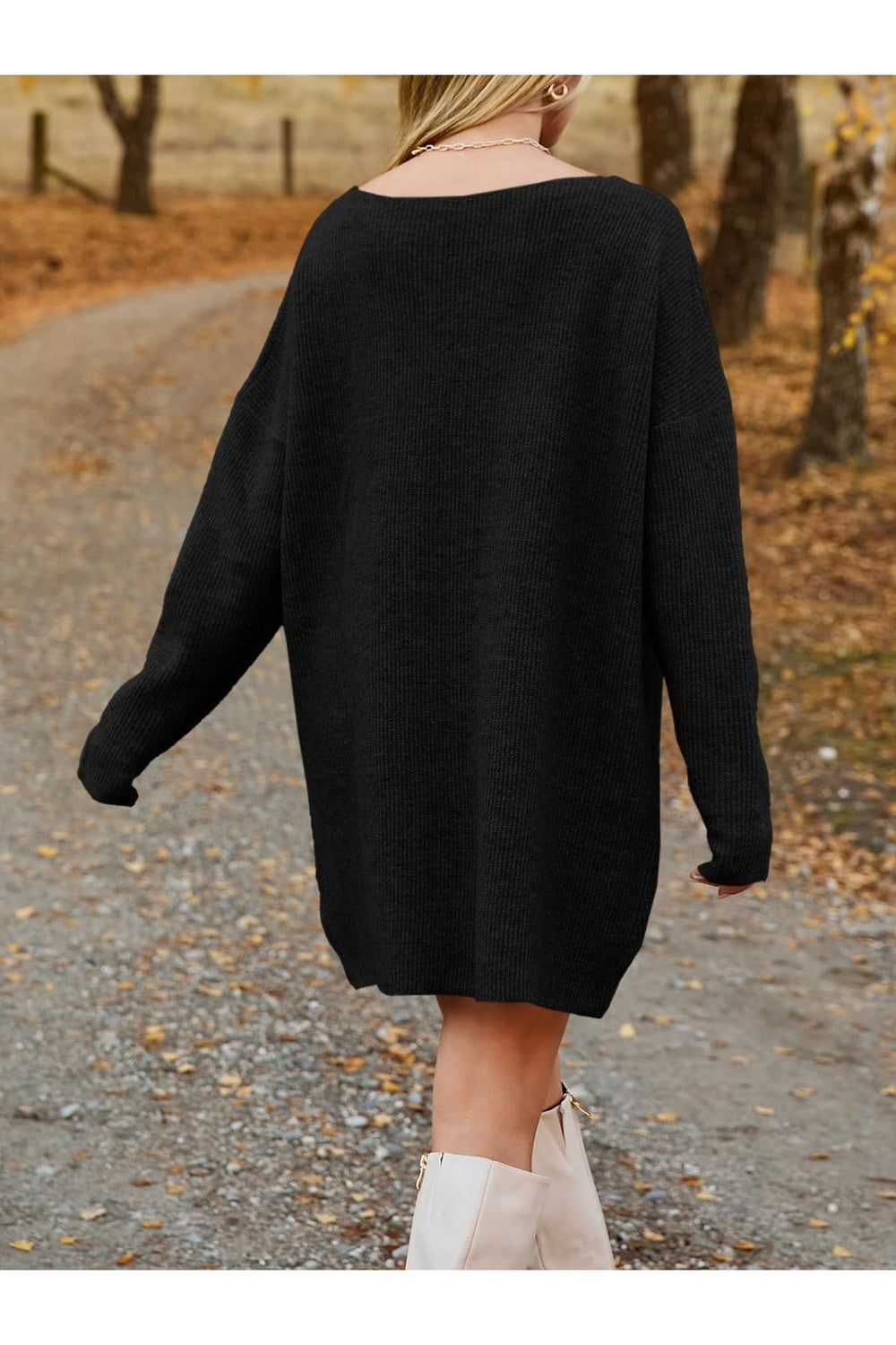 V-Neck Dropped Shoulder Sweater Dress - Sweater Dresses - FITGGINS